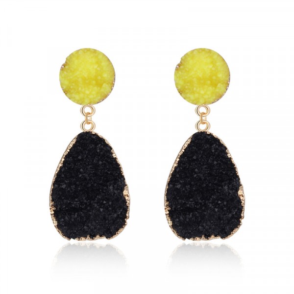 Black Yellow Druzy Quartz Crystal Round Stud Earrings